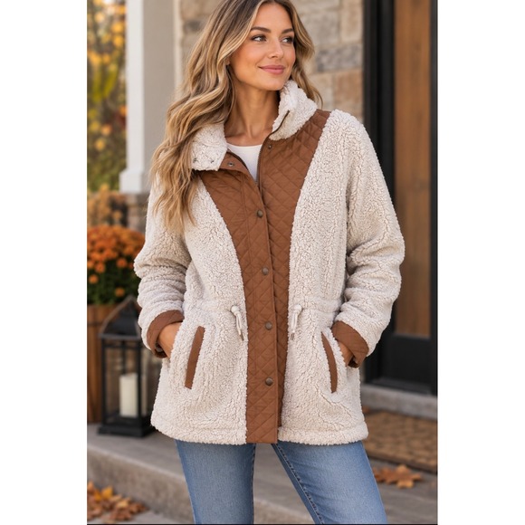 BKE Jackets & Blazers - BKE Women's Sherpa Fleece Quilted Utility Jacket Cream Brown Size Medium